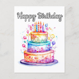 Carte Postale Joli Gâteau d'anniversaire Coloré et Joyeux