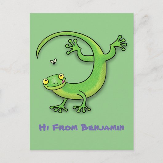 Carte Postale Joli gecko vert salutations avec dessin animé (Devant)