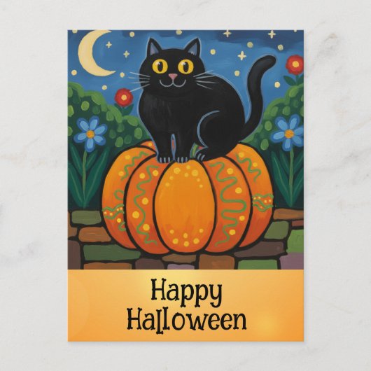 Carte Postale Joli Halloween Chat noir Citrouille orange (Devant)