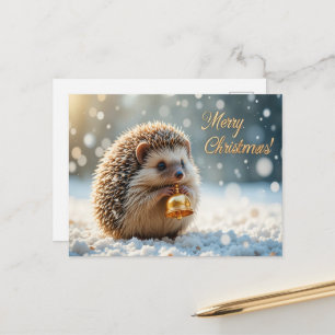 Carte Postale Joli hérisson de Noël dans la neige Bois hivernal