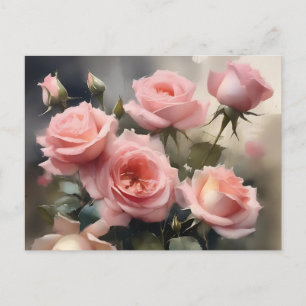 Carte Postale Joli jardin rose rose clair aquarelle peinture