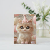 Carte Postale Joli Kitten Anniversaire Casquette Cake Ballons (Debout devant)