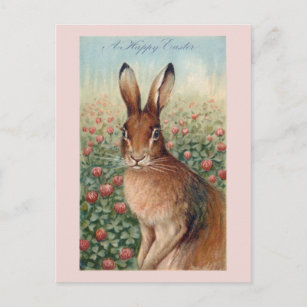 Carte Postale Joli lapin Brown de Pâques et trèfle Vintage