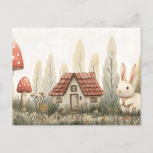 Carte Postale Joli Lapin, Cottage, Champignons Fairy Tale Art