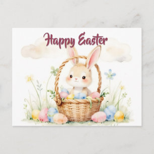 Carte Postale Joli lapin de Pâques dans un panier avec des œufs 