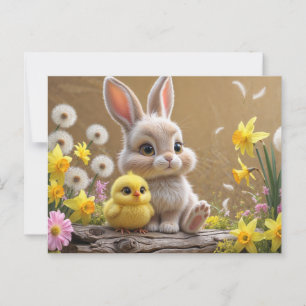 Carte Postale Joli lapin et bébé poussin dans le jardin du print