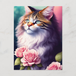 Carte Postale Joli Maine Coon & Fleurs Portrait