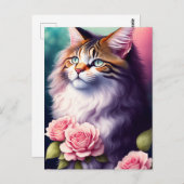 Carte Postale Joli Maine Coon & Fleurs Portrait (Devant / Derrière)