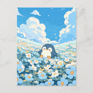 Carte Postale Joli manchot dans la prairie à la fleur bleue