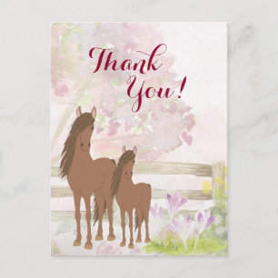 Carte Postale Joli Mare Brown, Foal, Fleurs Merci Cheval
