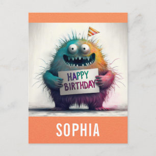 Carte Postale Joli Monstre de Dessin Animé Coloré Bon Anniversai