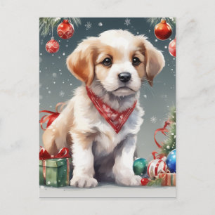 Carte Postale Joli Noël chiot blanc Noël