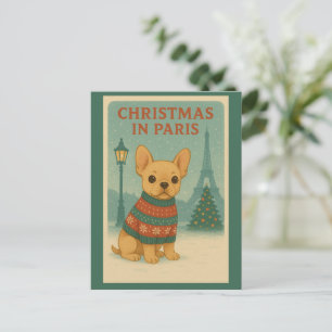 Carte Postale Joli Noël de Bouledogue Français à Paris Vintage