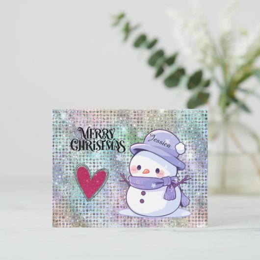 Carte Postale Joli Noël Pastel Snowman Parties scintillant Coeur (Debout devant)