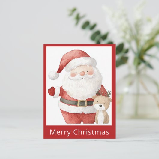 Carte Postale Joli Noël simple aquarelle Père Noël Renne (Debout devant)