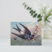 Carte Postale Joli Oiseau Rouge Avalé Bleu Et Jolies Fleurs (Debout devant)