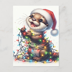 Carte Postale Joli Otter avec lumières de Noël