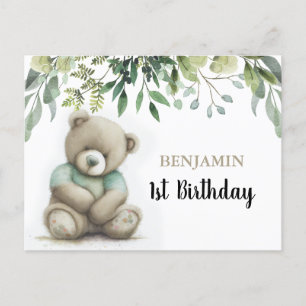 Carte Postale Joli ours en aquarelle avec feuilles d'anniversair