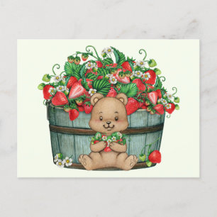 Carte Postale Joli ours en peluche et panier de fraises rustique