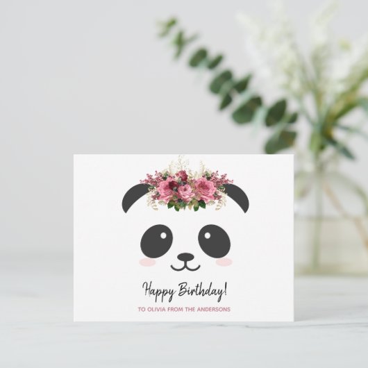 Carte Postale Joli panda Joyeux Anniversaire floral rose personn (Debout devant)