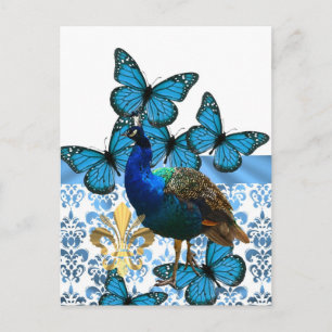 Carte Postale Joli paon et papillons bleus