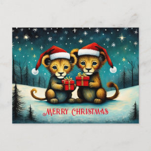 Carte Postale Joli Père Noël bébé Lion neige hiver Noël