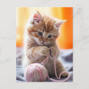 Carte Postale Joli petit chat orange jouant avec du fil