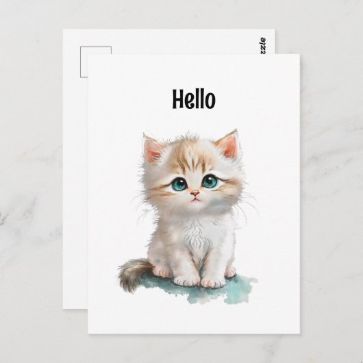 Carte Postale Joli petit chaton à l'aquarelle avec des yeux bleu (Devant / Derrière)