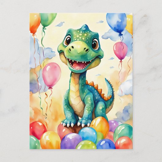 Carte Postale Joli petit dinosaure avec beaucoup de ballons colo (Devant)