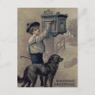 Carte Postale Joli petit garçon chien boîte aux lettres Lettre