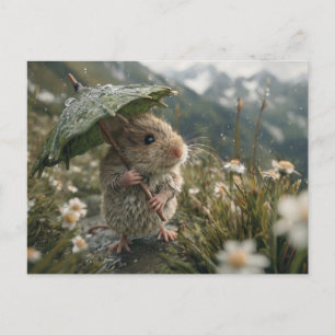 Carte Postale Joli Petit Souris Tenant un Parapluie en Feuille
