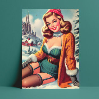 Carte Postale Joli Pin-up Rétro d'Hiver