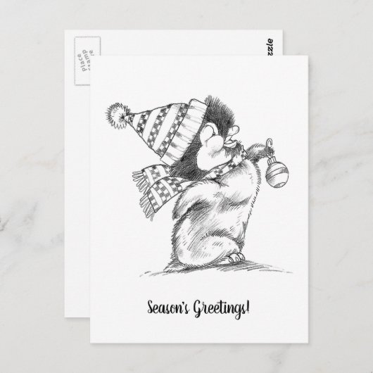 Carte Postale Joli pingouin de Noël rétro avec chapeau et écharp (Devant / Derrière)