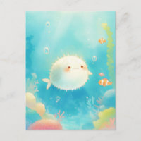 Joli poisson-globe dans un récif de corail pastel