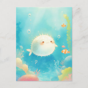 Carte Postale Joli poisson-globe dans un récif de corail pastel