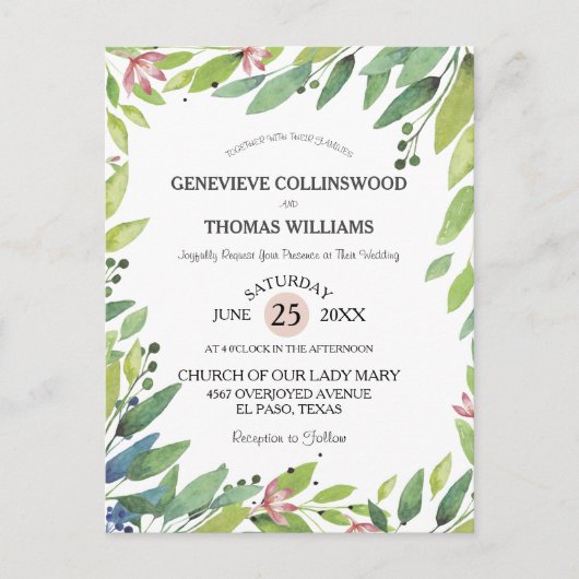 Carte Postale Joli Printemps Botanique Blush Rose Mariage Invita (Devant)