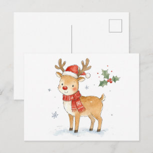 Carte Postale Joli Renne au Nez Rouge avec Écharpe pour Noël