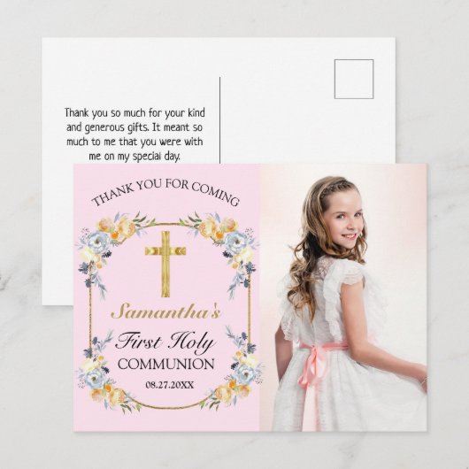 Carte Postale Joli rose Floral 1er sainte Communion Merci Po (Devant / Derrière)