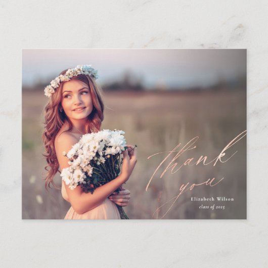Carte Postale Joli Rose Gold Script Photo Graduation Merci (Devant)