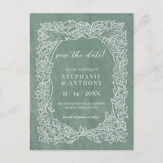 Carte Postale Joli Sage Vert Blanc Floral Date d'enregistrement (Devant)