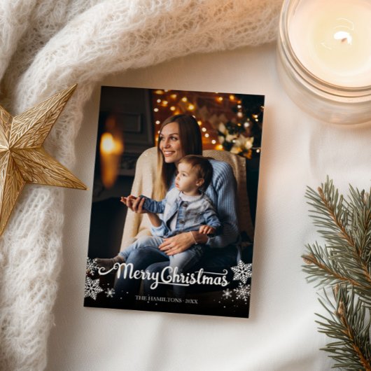 Carte Postale Joli script blanc photo flocon de Noël Christmas