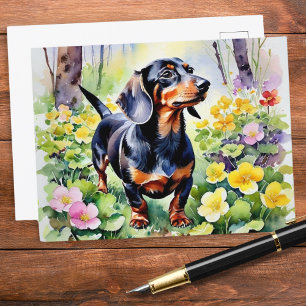 Carte Postale Joli teckel chien saucisse primevères de printemps