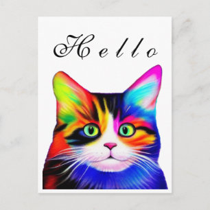 Carte Postale Jolie Art de Chat Bonjour Rayé Multicolore Arc-en-