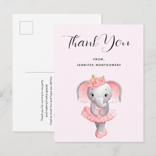 Carte Postale Jolie ballerine éléphant rose et gris Merci (Devant / Derrière)