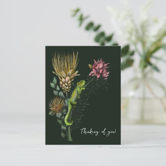 Carte Postale Jolie Caméléon Floral Vert Art Pensées pour Toi (Debout devant)
