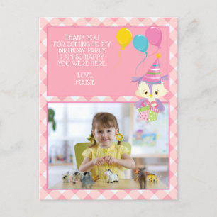 Carte Postale Jolie chouette Gingham rose Merci pour l'anniversa