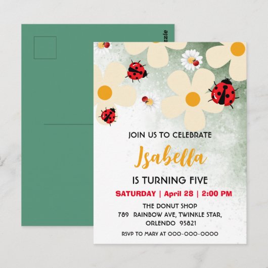 Carte Postale Jolie coccinelle à pois rouges Fleur de marguerite (Devant / Derrière)