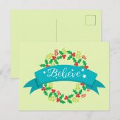 Carte Postale Jolie couronne de Noël Believe verte et rouge (Devant / Derrière)