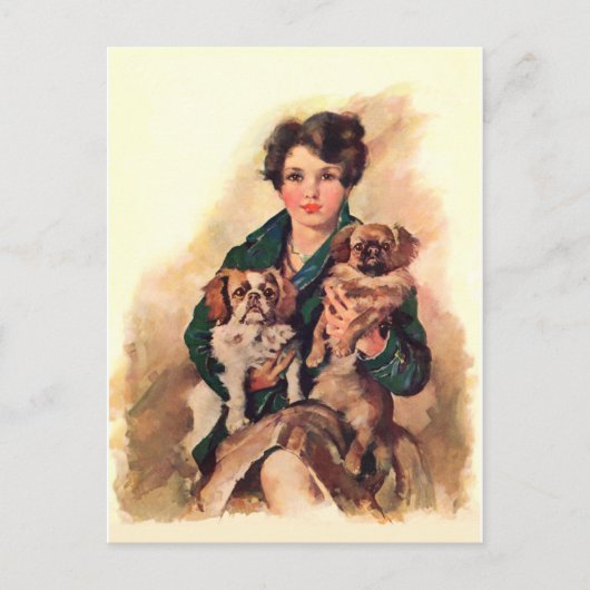 Carte Postale Jolie dame aux Chiens Pekingese (Devant)
