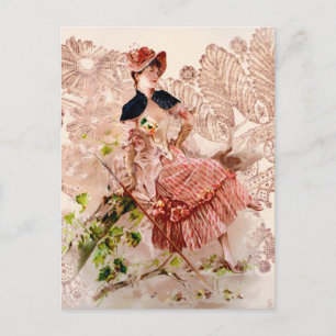 Carte Postale Jolie Dame Vintage En Robe Rose